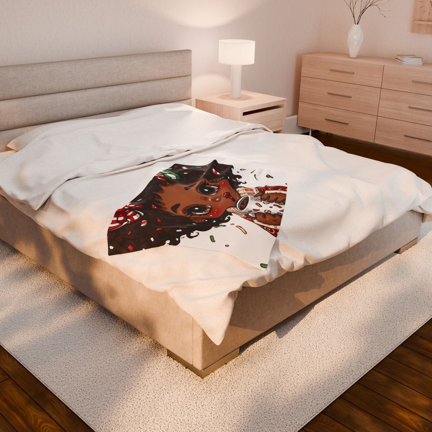 Holiday Cocoa Girl Velveteen Plush Blanket — Cozy Christmas Throw for Kids & Teens