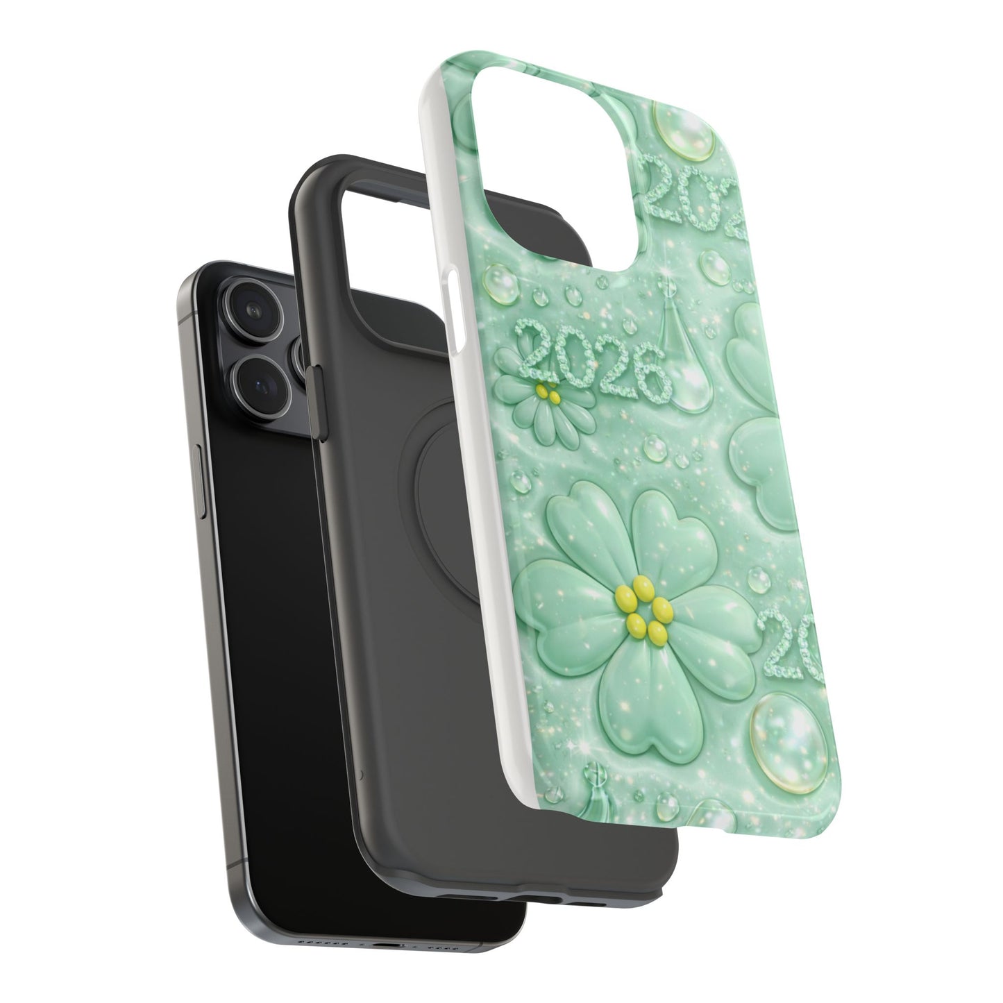 Impact-Resistant Phone Case — Mint 2026 Floral Clover Design