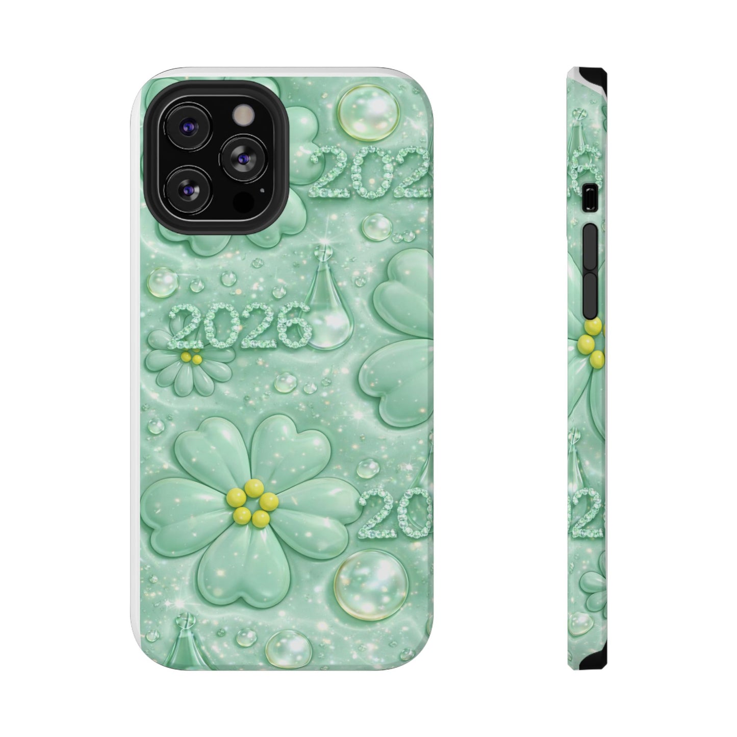 Impact-Resistant Phone Case — Mint 2026 Floral Clover Design