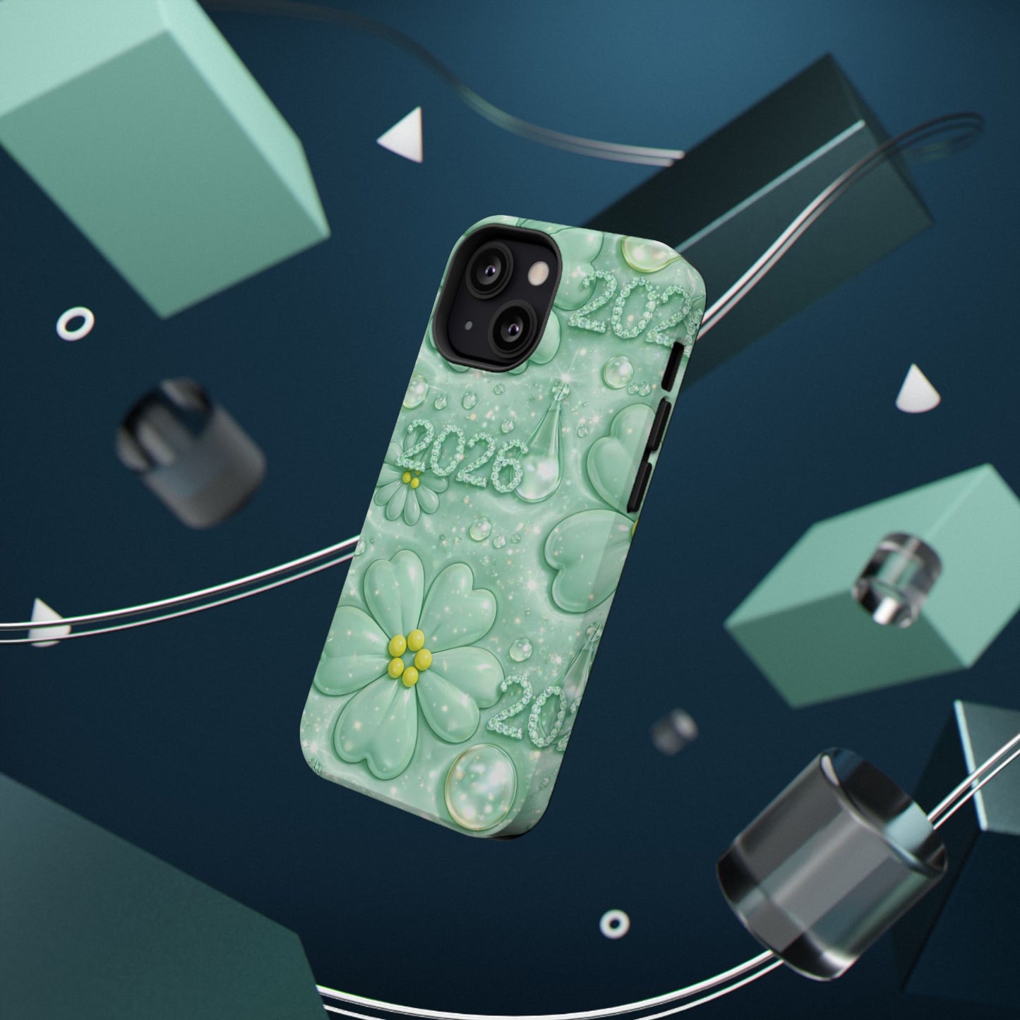 Impact-Resistant Phone Case — Mint 2026 Floral Clover Design