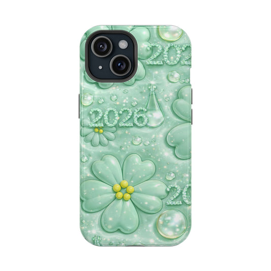 Impact-Resistant Phone Case — Mint 2026 Floral Clover Design