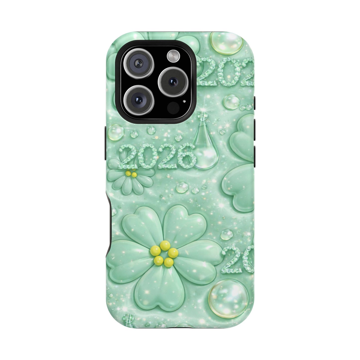 Impact-Resistant Phone Case — Mint 2026 Floral Clover Design