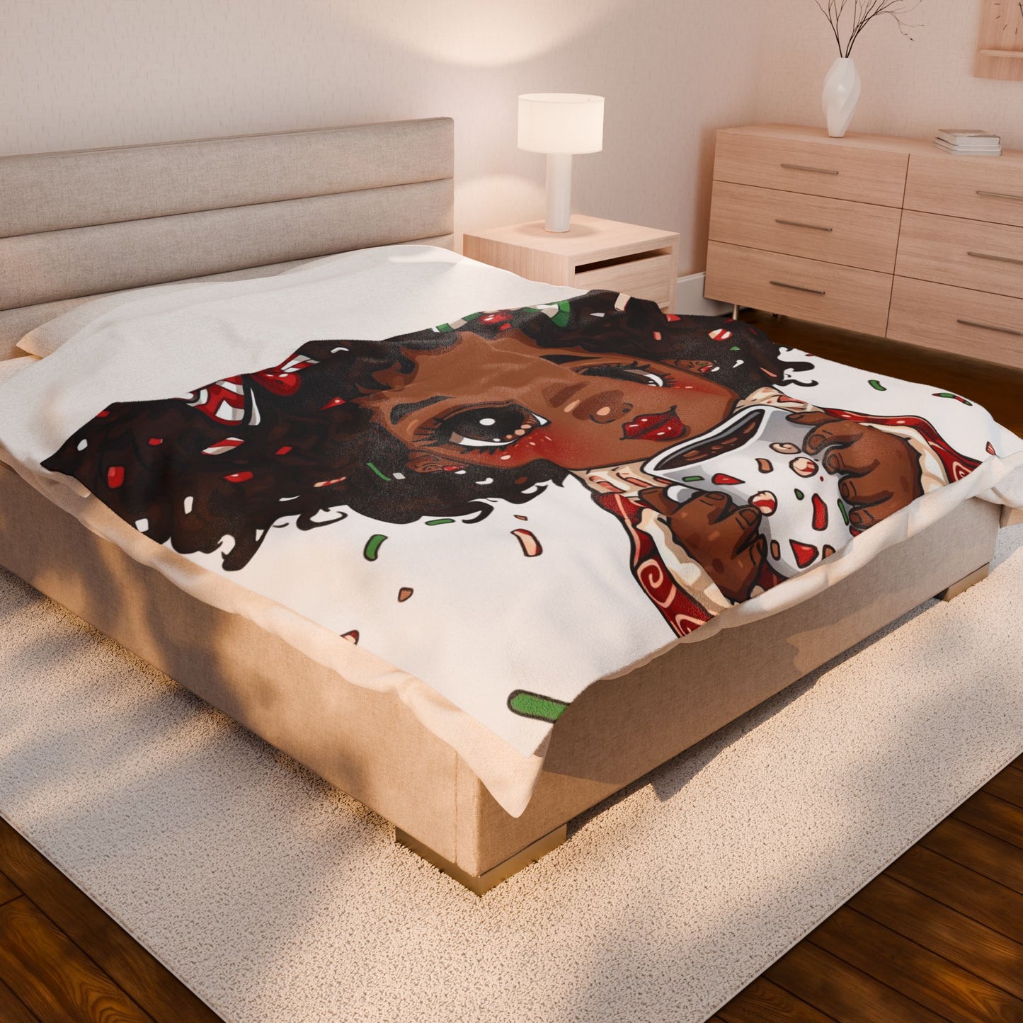 Holiday Cocoa Girl Velveteen Plush Blanket — Cozy Christmas Throw for Kids & Teens