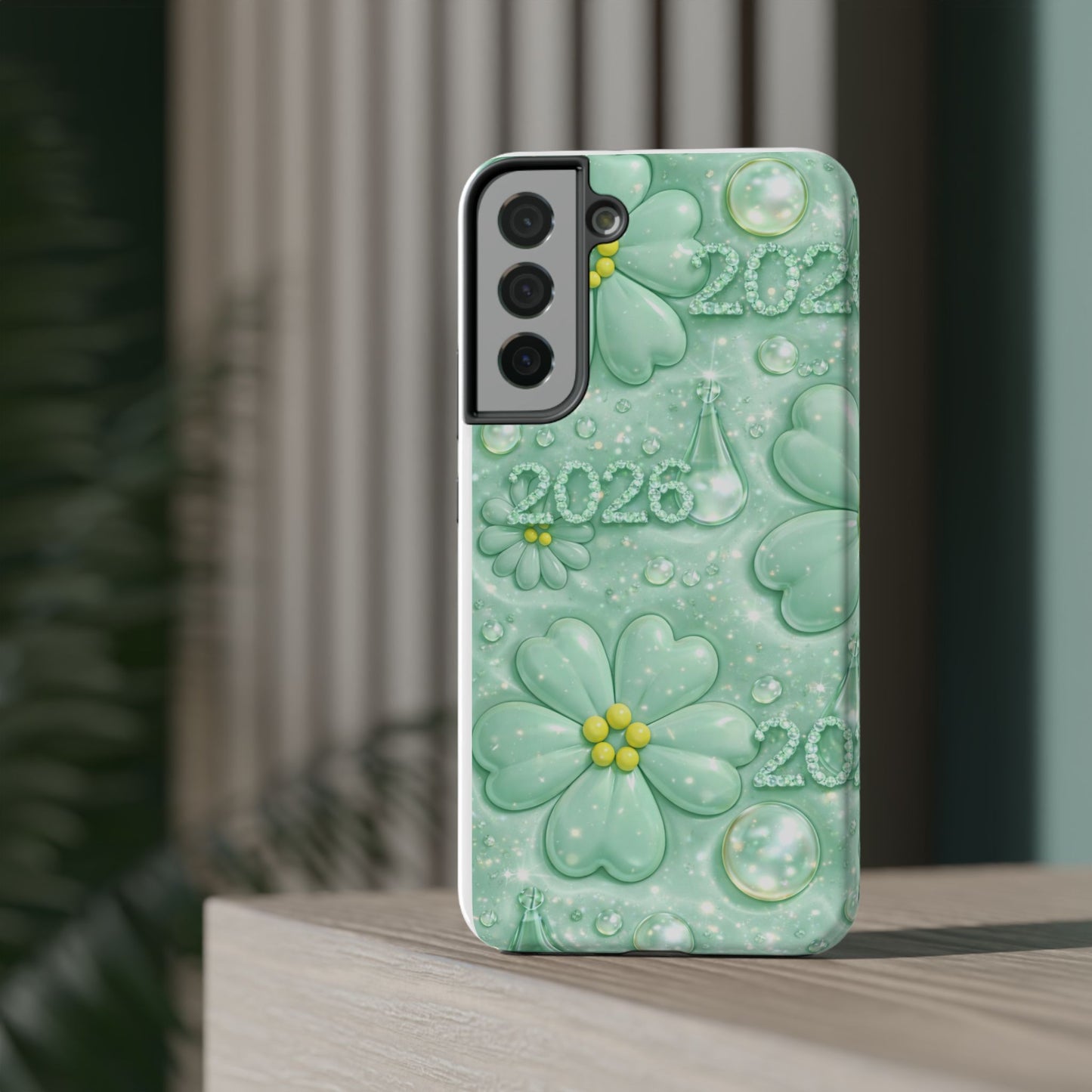 Impact-Resistant Phone Case — Mint 2026 Floral Clover Design