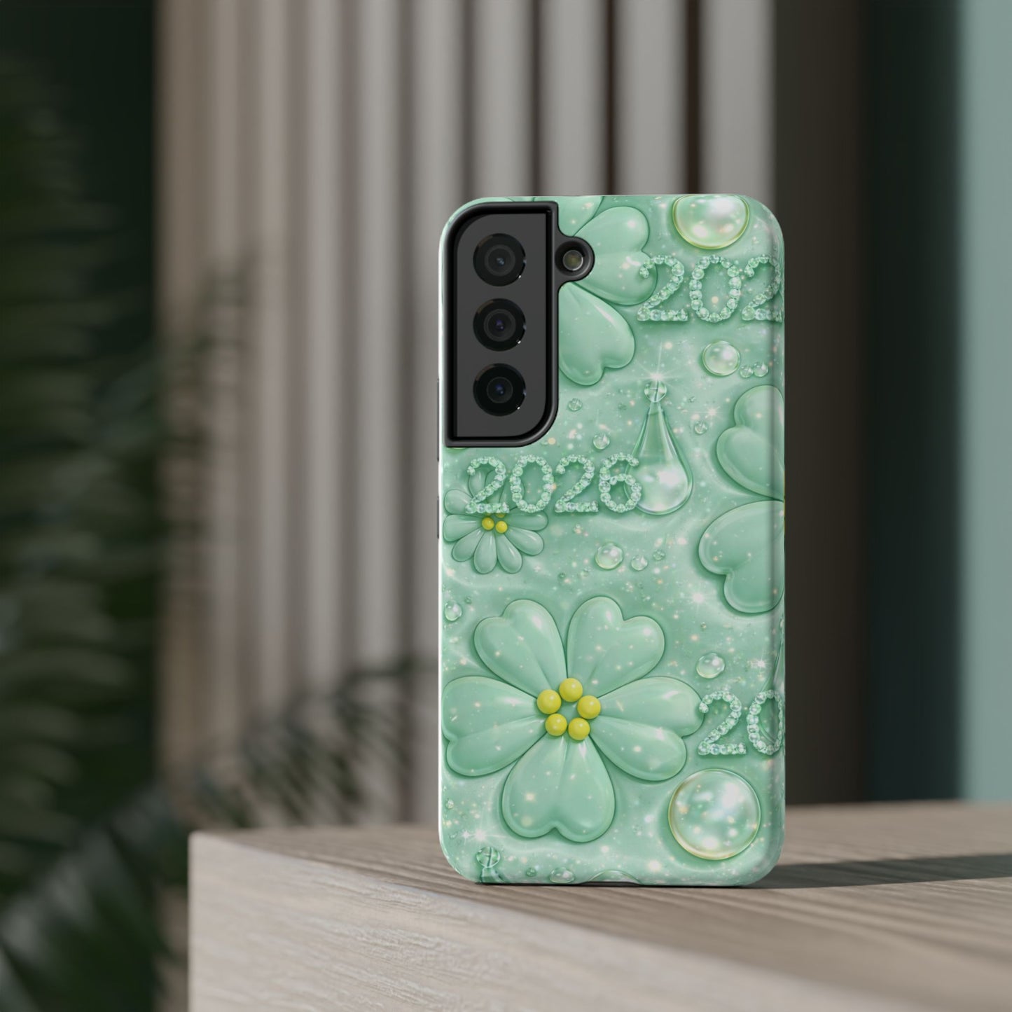 Impact-Resistant Phone Case — Mint 2026 Floral Clover Design