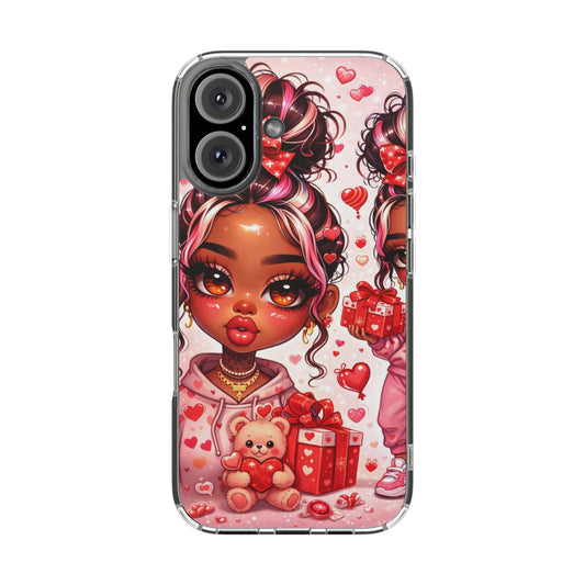 Clear Magnetic Phone Case — Cute Valentine Girl with Teddy & Hearts