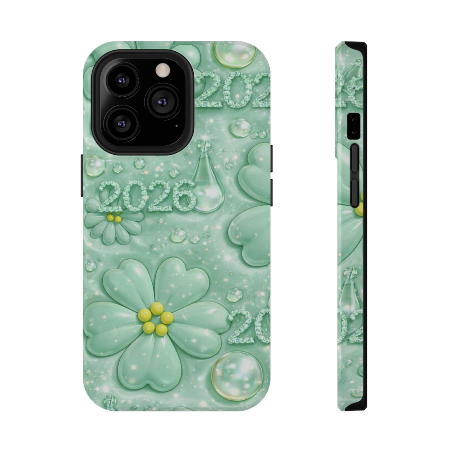 Impact-Resistant Phone Case — Mint 2026 Floral Clover Design
