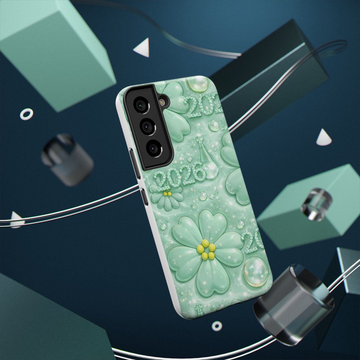 Impact-Resistant Phone Case — Mint 2026 Floral Clover Design