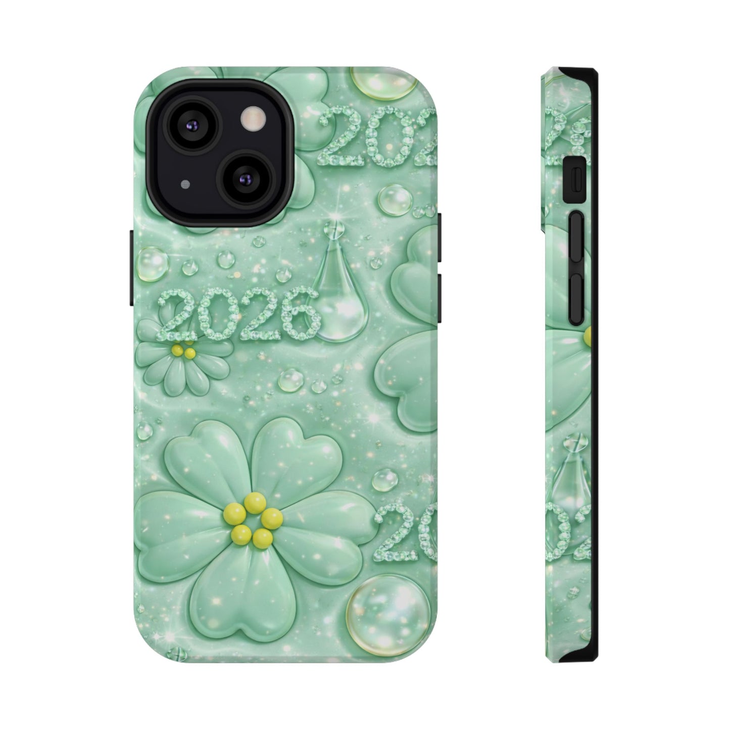 Impact-Resistant Phone Case — Mint 2026 Floral Clover Design