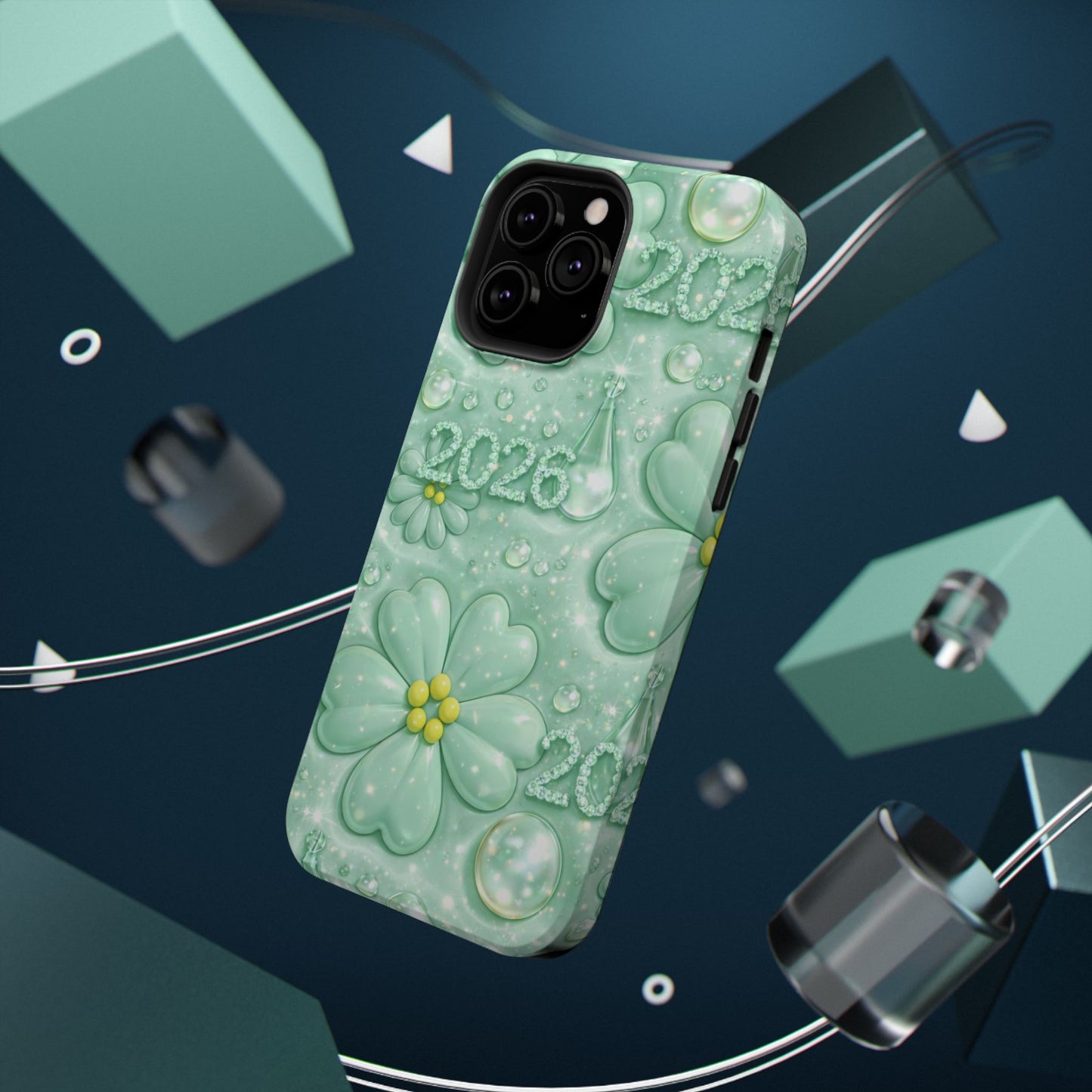 Impact-Resistant Phone Case — Mint 2026 Floral Clover Design
