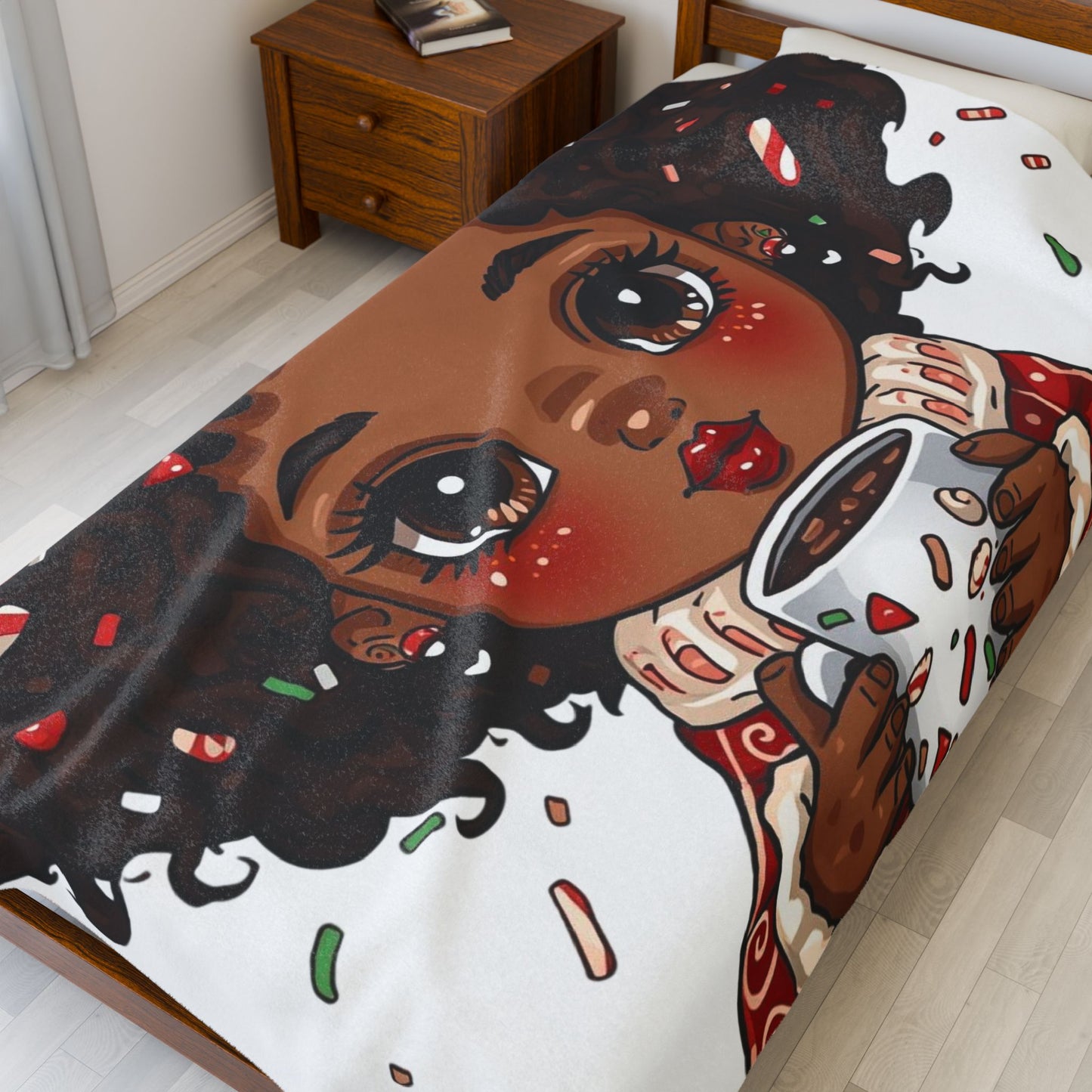 Holiday Cocoa Girl Velveteen Plush Blanket — Cozy Christmas Throw for Kids & Teens
