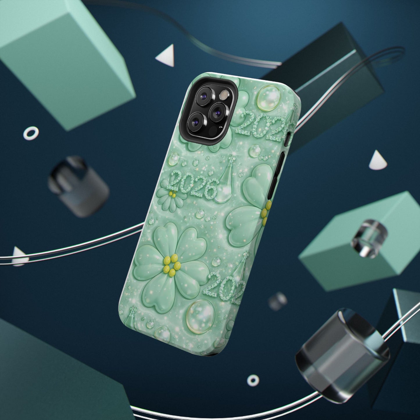 Impact-Resistant Phone Case — Mint 2026 Floral Clover Design
