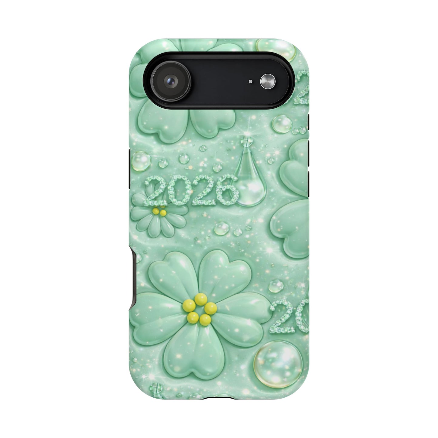 Impact-Resistant Phone Case — Mint 2026 Floral Clover Design