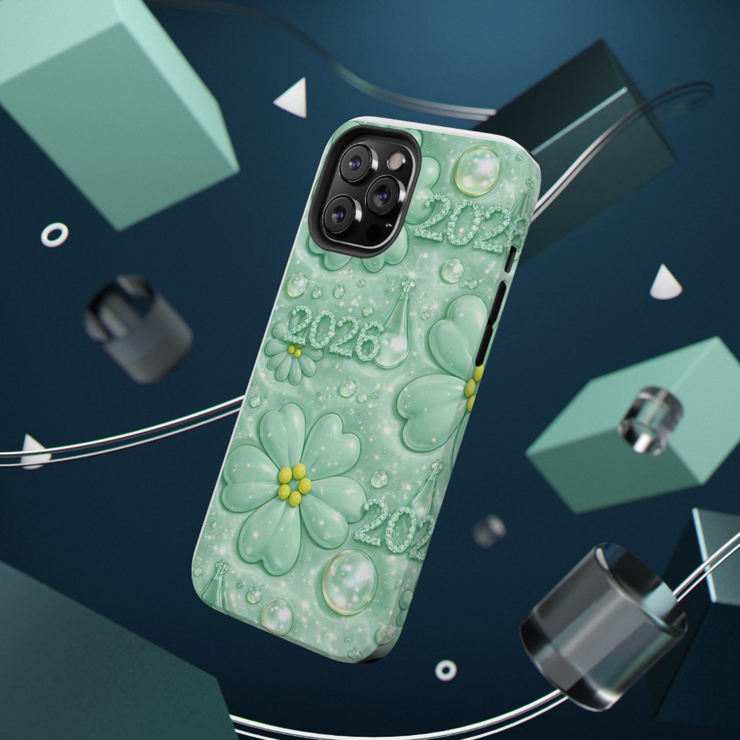 Impact-Resistant Phone Case — Mint 2026 Floral Clover Design