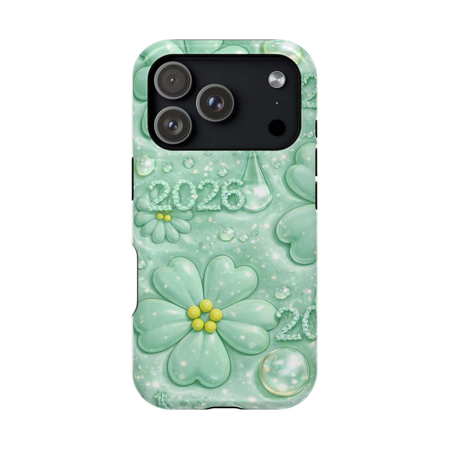 Impact-Resistant Phone Case — Mint 2026 Floral Clover Design